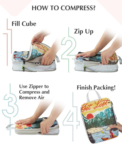 Compression Packing Cubes, 6pcs Expandable Storage Travel Luggage Bags Organizers with Shoe Bag Laundry Bag, Travel Cubes for Suitcase Carry On (Flowers)