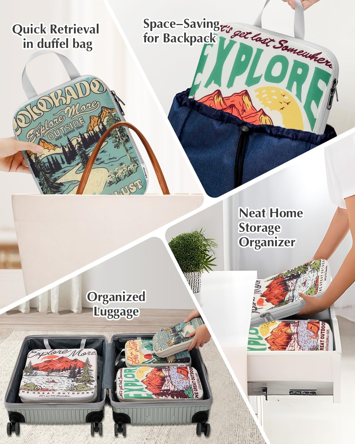 Compression Packing Cubes, 6pcs Expandable Storage Travel Luggage Bags Organizers with Shoe Bag Laundry Bag, Travel Cubes for Suitcase Carry On (Flowers)