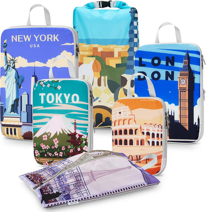 Compression Packing Cubes, 6pcs Expandable Storage Travel Luggage Bags Organizers with Shoe Bag Laundry Bag, Travel Cubes for Suitcase Carry On (Flowers)
