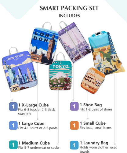 Compression Packing Cubes, 6pcs Expandable Storage Travel Luggage Bags Organizers with Shoe Bag Laundry Bag, Travel Cubes for Suitcase Carry On (Flowers)