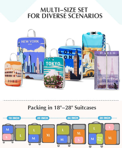 Compression Packing Cubes, 6pcs Expandable Storage Travel Luggage Bags Organizers with Shoe Bag Laundry Bag, Travel Cubes for Suitcase Carry On (Flowers)