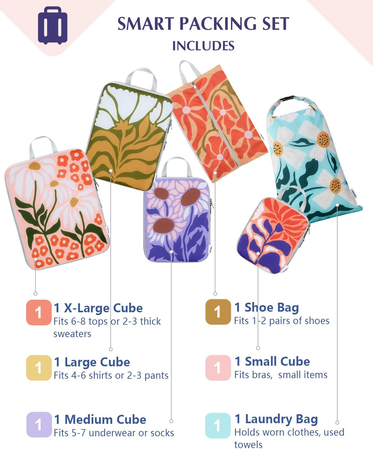 Compression Packing Cubes, 6pcs Expandable Storage Travel Luggage Bags Organizers with Shoe Bag Laundry Bag, Travel Cubes for Suitcase Carry On (Flowers)