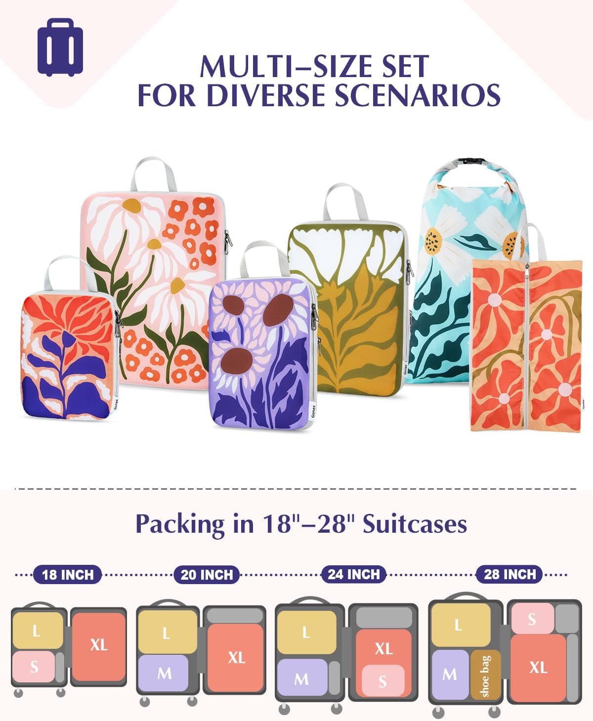 Compression Packing Cubes, 6pcs Expandable Storage Travel Luggage Bags Organizers with Shoe Bag Laundry Bag, Travel Cubes for Suitcase Carry On (Flowers)