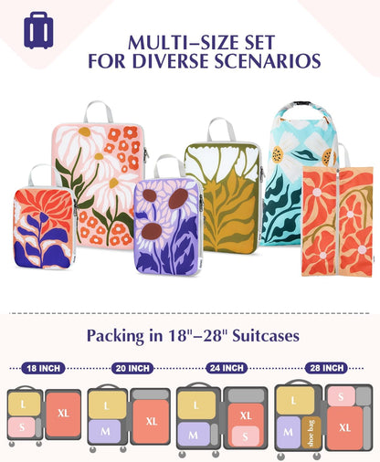 Compression Packing Cubes, 6pcs Expandable Storage Travel Luggage Bags Organizers with Shoe Bag Laundry Bag, Travel Cubes for Suitcase Carry On (Flowers)