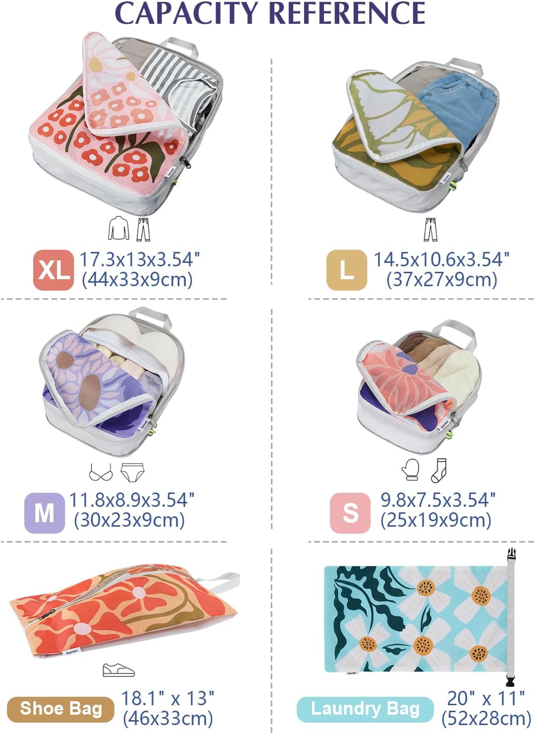 Compression Packing Cubes, 6pcs Expandable Storage Travel Luggage Bags Organizers with Shoe Bag Laundry Bag, Travel Cubes for Suitcase Carry On (Flowers)