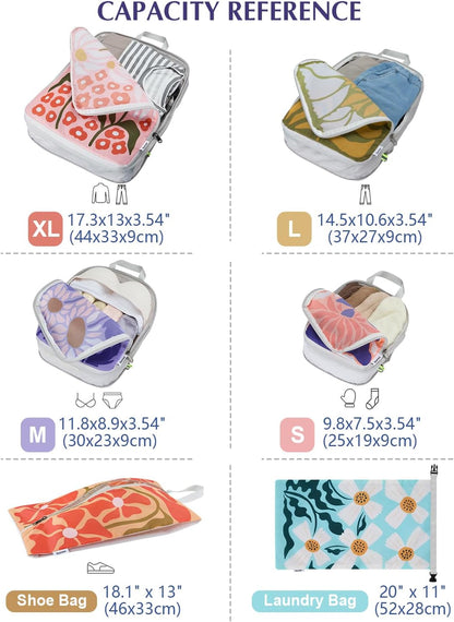 Compression Packing Cubes, 6pcs Expandable Storage Travel Luggage Bags Organizers with Shoe Bag Laundry Bag, Travel Cubes for Suitcase Carry On (Flowers)