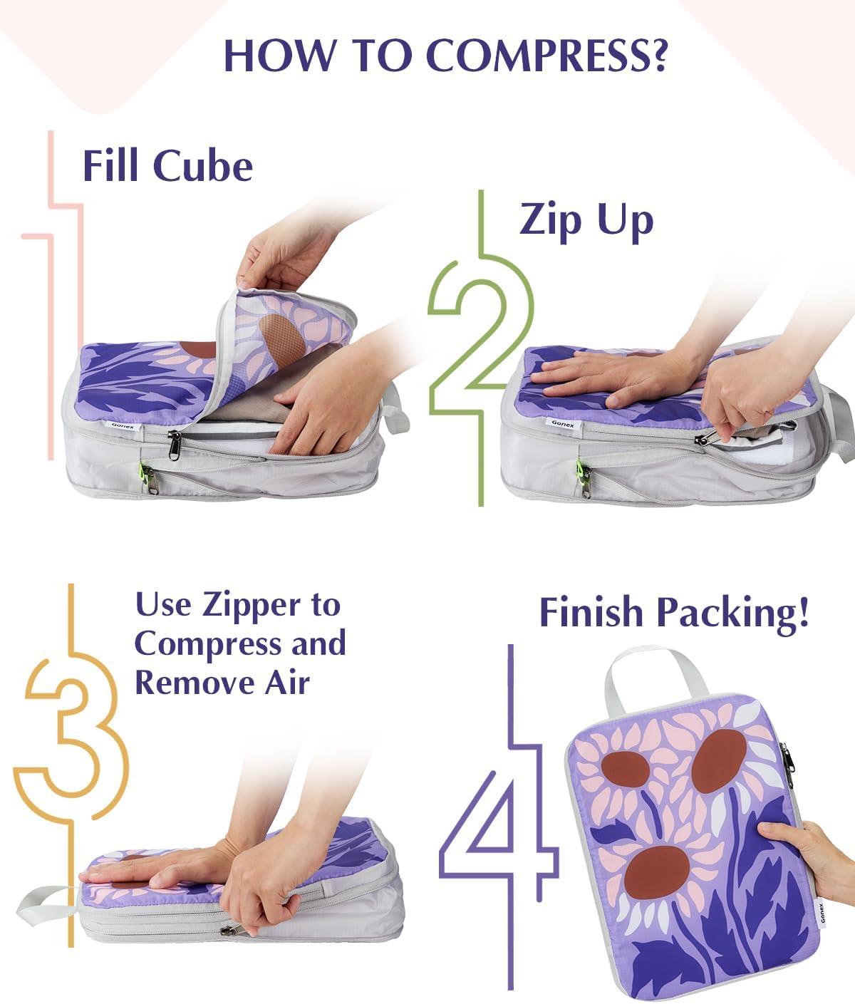 Compression Packing Cubes, 6pcs Expandable Storage Travel Luggage Bags Organizers with Shoe Bag Laundry Bag, Travel Cubes for Suitcase Carry On (Flowers)