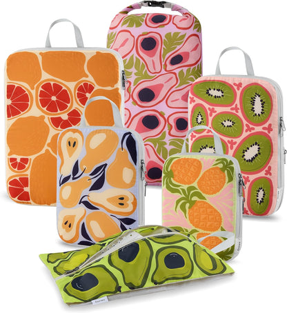 Compression Packing Cubes, 6pcs Expandable Storage Travel Luggage Bags Organizers with Shoe Bag Laundry Bag, Travel Cubes for Suitcase Carry On (Flowers)