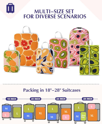 Compression Packing Cubes, 6pcs Expandable Storage Travel Luggage Bags Organizers with Shoe Bag Laundry Bag, Travel Cubes for Suitcase Carry On (Flowers)