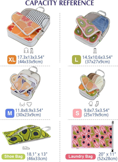 Compression Packing Cubes, 6pcs Expandable Storage Travel Luggage Bags Organizers with Shoe Bag Laundry Bag, Travel Cubes for Suitcase Carry On (Flowers)