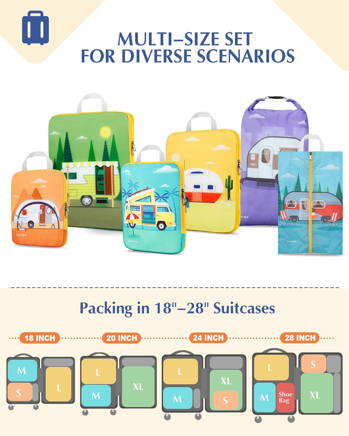 Compression Packing Cubes, 6pcs Expandable Storage Travel Luggage Bags Organizers with Shoe Bag Laundry Bag, Travel Cubes for Suitcase Carry On (Flowers)