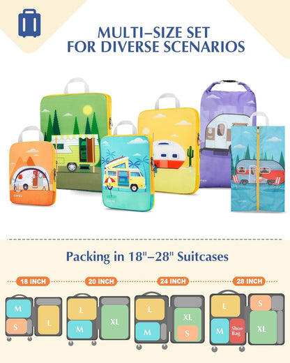 Compression Packing Cubes, 6pcs Expandable Storage Travel Luggage Bags Organizers with Shoe Bag Laundry Bag, Travel Cubes for Suitcase Carry On (Flowers)