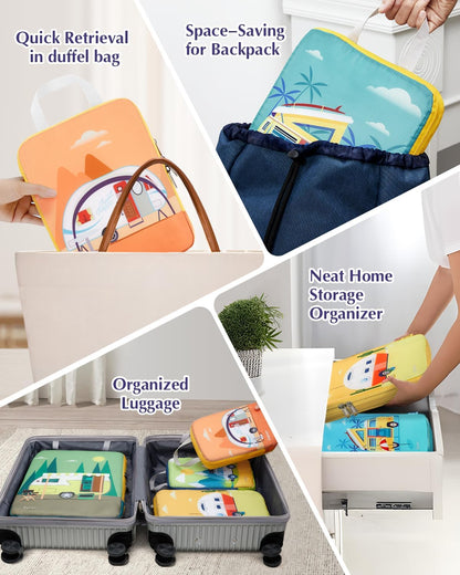Compression Packing Cubes, 6pcs Expandable Storage Travel Luggage Bags Organizers with Shoe Bag Laundry Bag, Travel Cubes for Suitcase Carry On (Flowers)