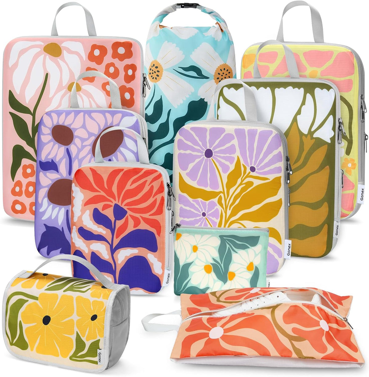 Compression Packing Cubes, 6pcs Expandable Storage Travel Luggage Bags Organizers with Shoe Bag Laundry Bag, Travel Cubes for Suitcase Carry On (Flowers)