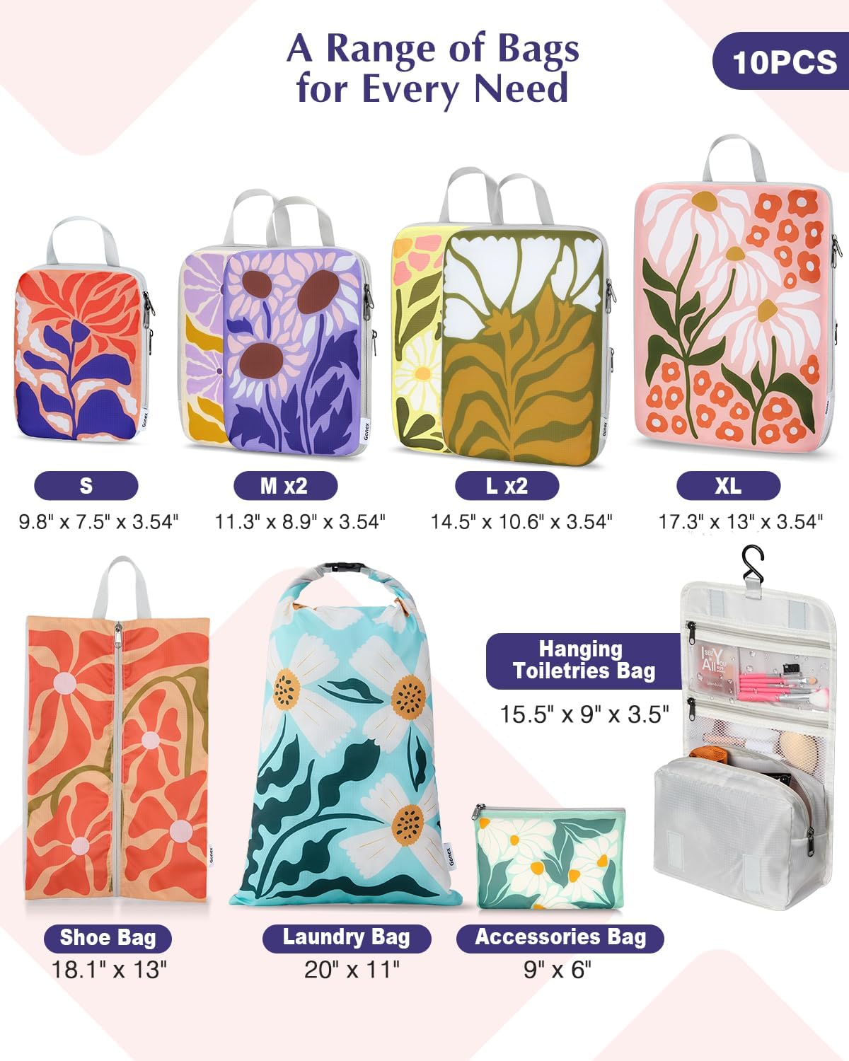 Compression Packing Cubes, 6pcs Expandable Storage Travel Luggage Bags Organizers with Shoe Bag Laundry Bag, Travel Cubes for Suitcase Carry On (Flowers)