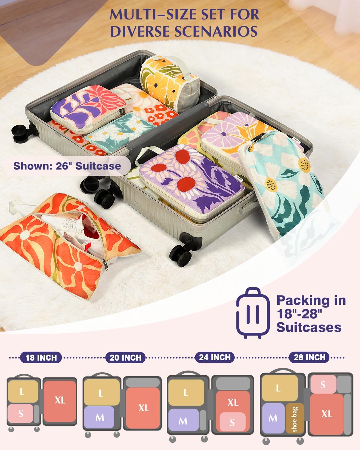 Compression Packing Cubes, 6pcs Expandable Storage Travel Luggage Bags Organizers with Shoe Bag Laundry Bag, Travel Cubes for Suitcase Carry On (Flowers)