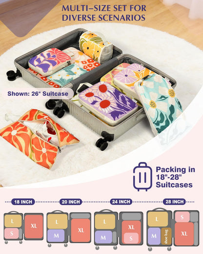 Compression Packing Cubes, 6pcs Expandable Storage Travel Luggage Bags Organizers with Shoe Bag Laundry Bag, Travel Cubes for Suitcase Carry On (Flowers)