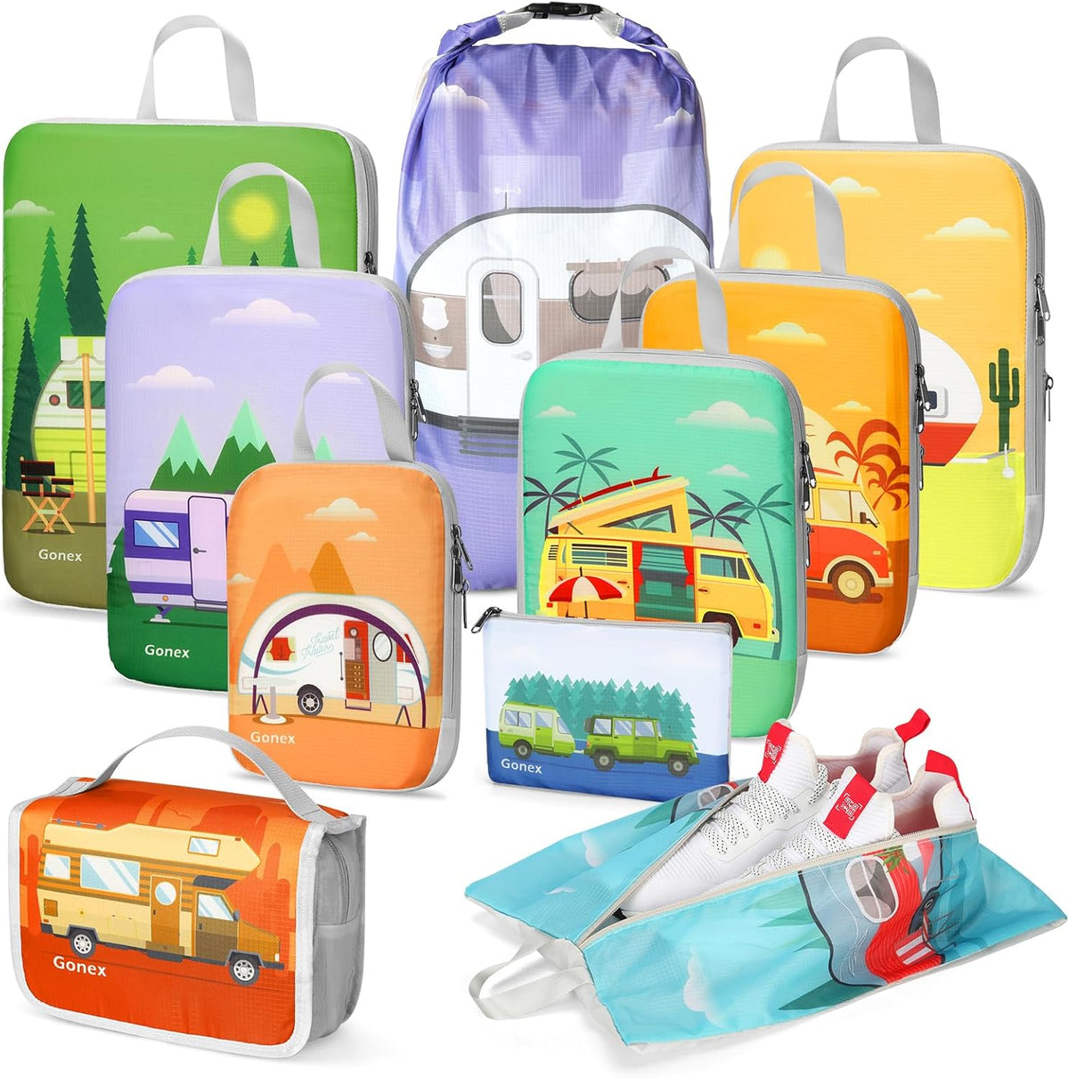 Compression Packing Cubes, 6pcs Expandable Storage Travel Luggage Bags Organizers with Shoe Bag Laundry Bag, Travel Cubes for Suitcase Carry On (Flowers)
