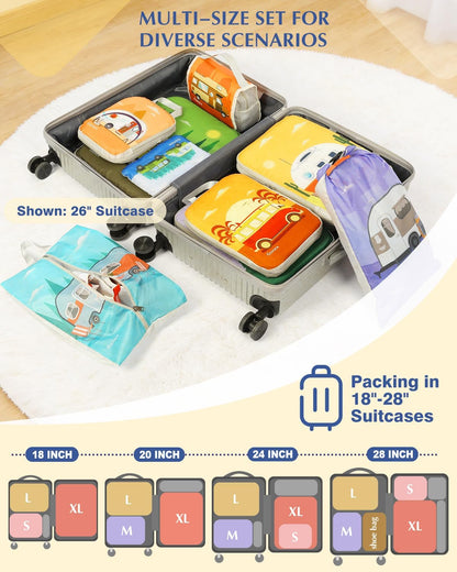 Compression Packing Cubes, 6pcs Expandable Storage Travel Luggage Bags Organizers with Shoe Bag Laundry Bag, Travel Cubes for Suitcase Carry On (Flowers)