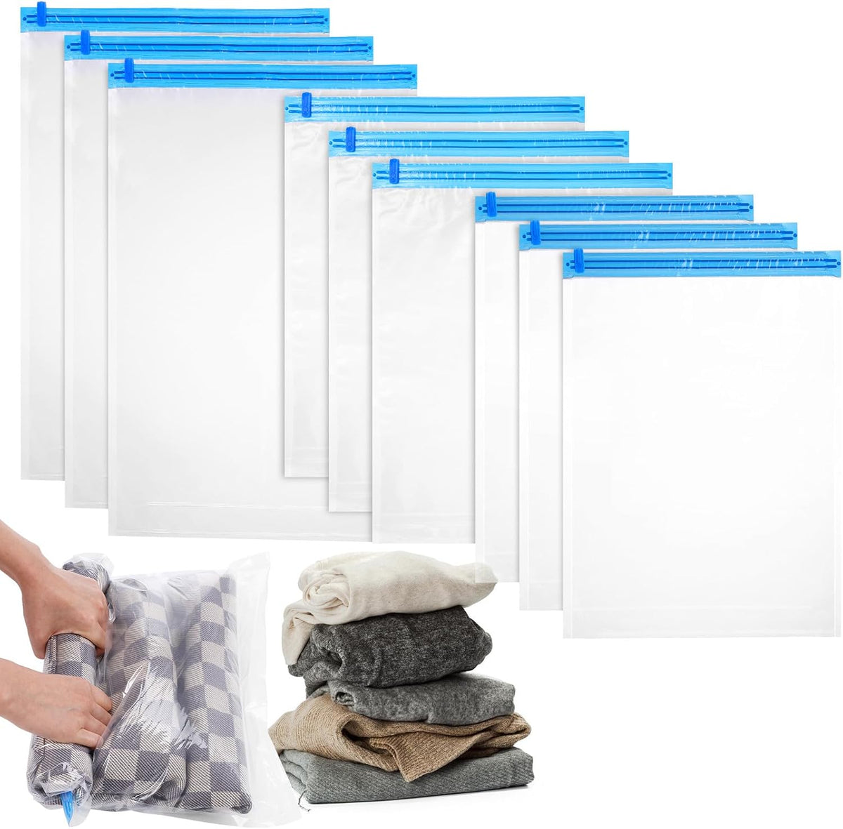 9 Pcs Travel Vacuum Storage Bags Set with Manual Roll-up Compression, Small to Large Sizes (35x50cm, 40x50cm, 40x60cm) for Clothes Packing and Space Saving Organizer