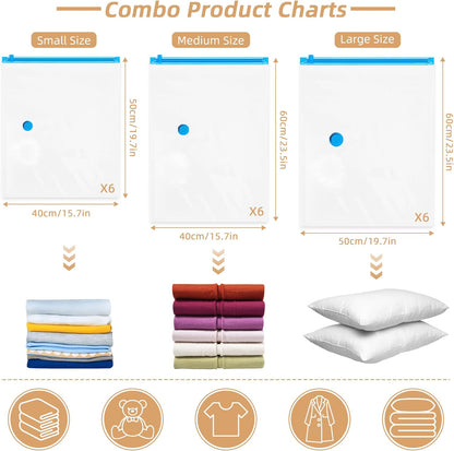 Travel Vacuum Bags with Rechargeable Pump,6 Pack Vacuum Storage Seal Bags for Clothing Suitcase Backpack, Space Saver Compression Clothes Storage Bag (6 Combo+ Electric Pump)