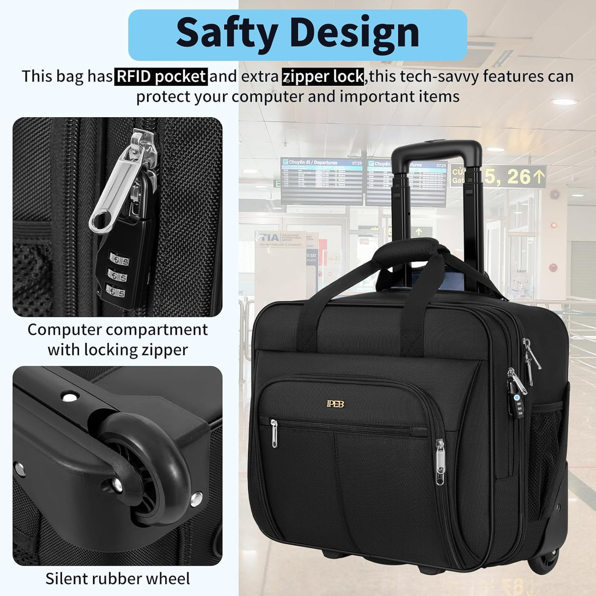 Rolling Laptop Briefcase Water-Resistant 17.3" Roller Computer Bag with wheels Travel Rolling Laptop Bag with RFID Pocket Lockable Zipper Underseat Carry On Luggage Work Travel Business Men Women