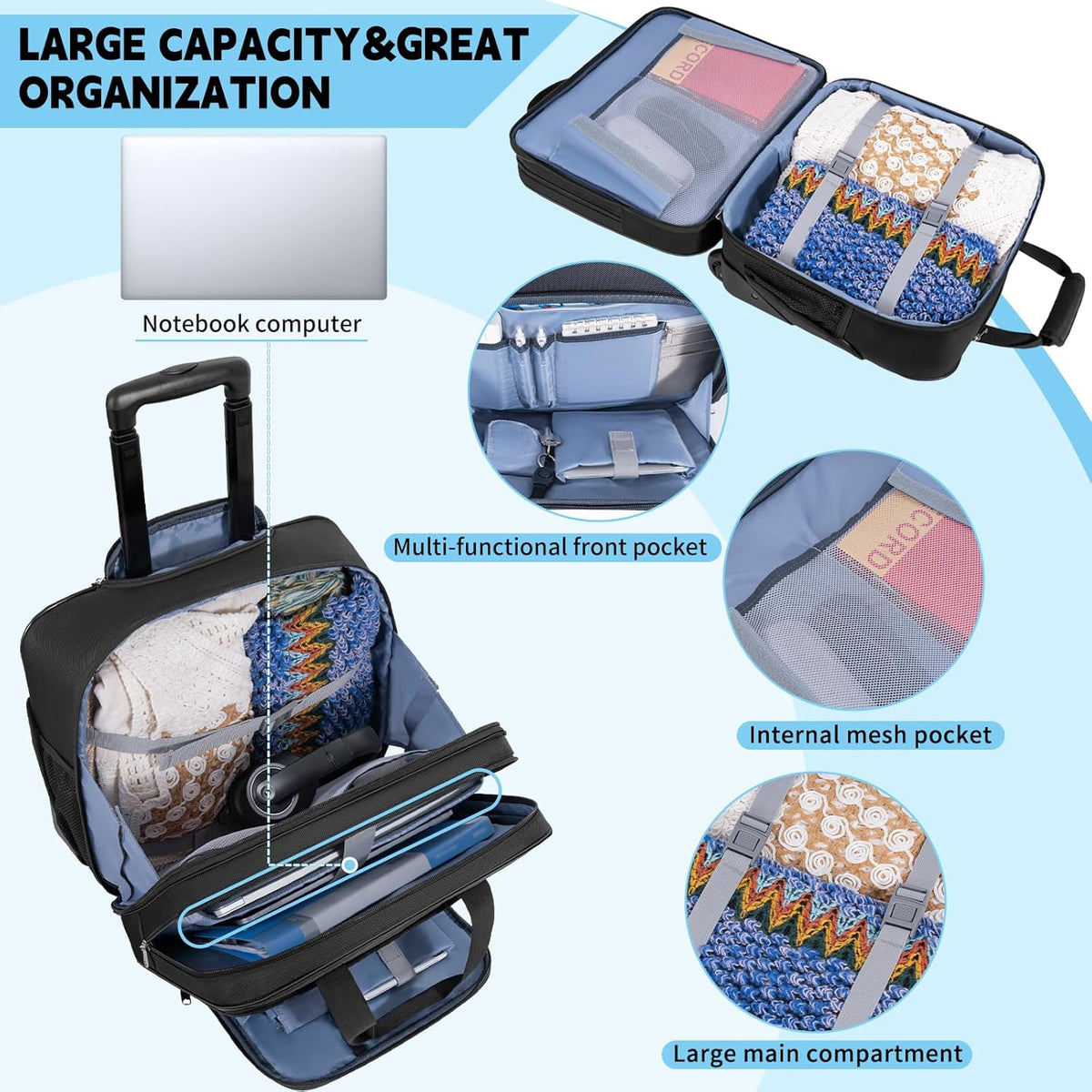 Rolling Laptop Briefcase Water-Resistant 17.3" Roller Computer Bag with wheels Travel Rolling Laptop Bag with RFID Pocket Lockable Zipper Underseat Carry On Luggage Work Travel Business Men Women
