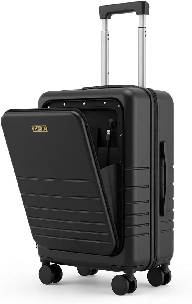 Fagoza Hardside Carry On Luggage 22x14x9 Airline Approved - Premium Hardshell Suitcase with Spinner Wheels, Front Pocket Laptop Compartment, USB Port, Cup Holder & TSA Lock - Green