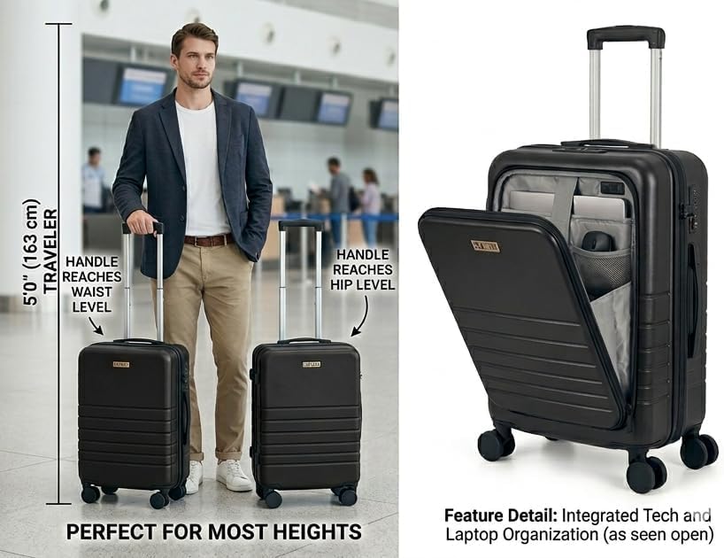 Fagoza Hardside Carry On Luggage 22x14x9 Airline Approved - Premium Hardshell Suitcase with Spinner Wheels, Front Pocket Laptop Compartment, USB Port, Cup Holder & TSA Lock - Green