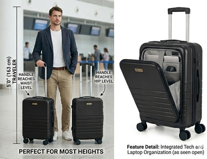 Fagoza Hardside Carry On Luggage 22x14x9 Airline Approved - Premium Hardshell Suitcase with Spinner Wheels, Front Pocket Laptop Compartment, USB Port, Cup Holder & TSA Lock - Green