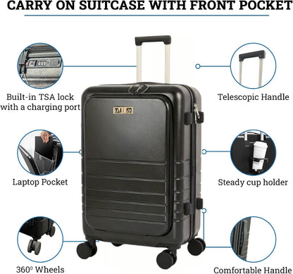 Fagoza Hardside Carry On Luggage 22x14x9 Airline Approved - Premium Hardshell Suitcase with Spinner Wheels, Front Pocket Laptop Compartment, USB Port, Cup Holder & TSA Lock - Green