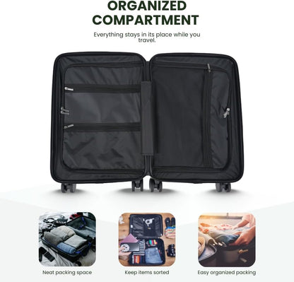 Fagoza Hardside Carry On Luggage 22x14x9 Airline Approved - Premium Hardshell Suitcase with Spinner Wheels, Front Pocket Laptop Compartment, USB Port, Cup Holder & TSA Lock - Green