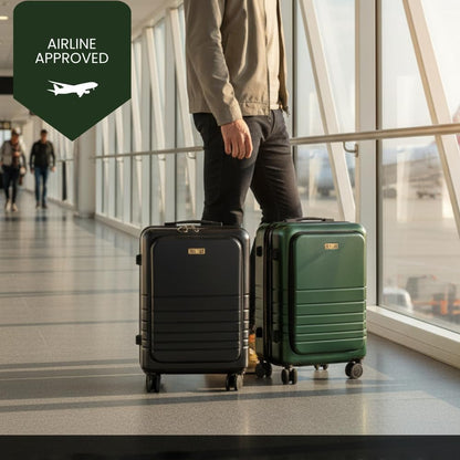 Fagoza Hardside Carry On Luggage 22x14x9 Airline Approved - Premium Hardshell Suitcase with Spinner Wheels, Front Pocket Laptop Compartment, USB Port, Cup Holder & TSA Lock - Green