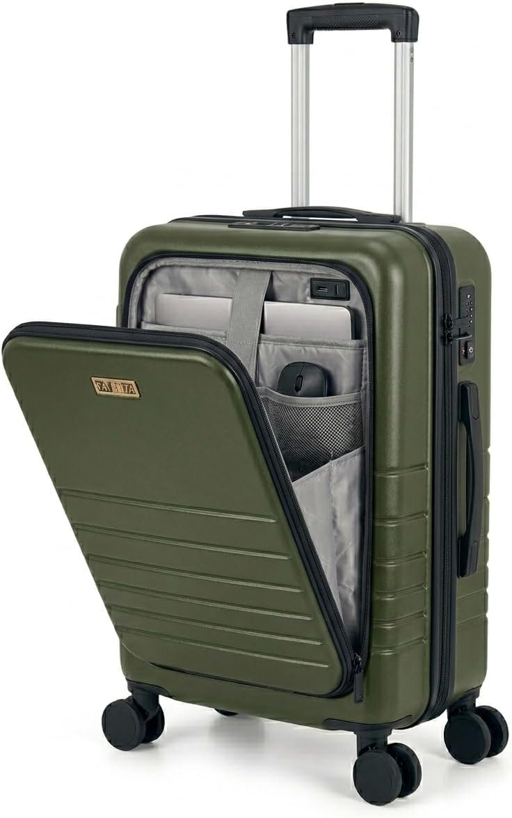 Fagoza Hardside Carry On Luggage 22x14x9 Airline Approved - Premium Hardshell Suitcase with Spinner Wheels, Front Pocket Laptop Compartment, USB Port, Cup Holder & TSA Lock - Green