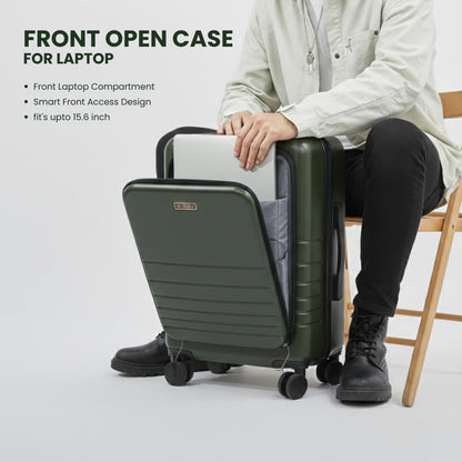 Fagoza Hardside Carry On Luggage 22x14x9 Airline Approved - Premium Hardshell Suitcase with Spinner Wheels, Front Pocket Laptop Compartment, USB Port, Cup Holder & TSA Lock - Green