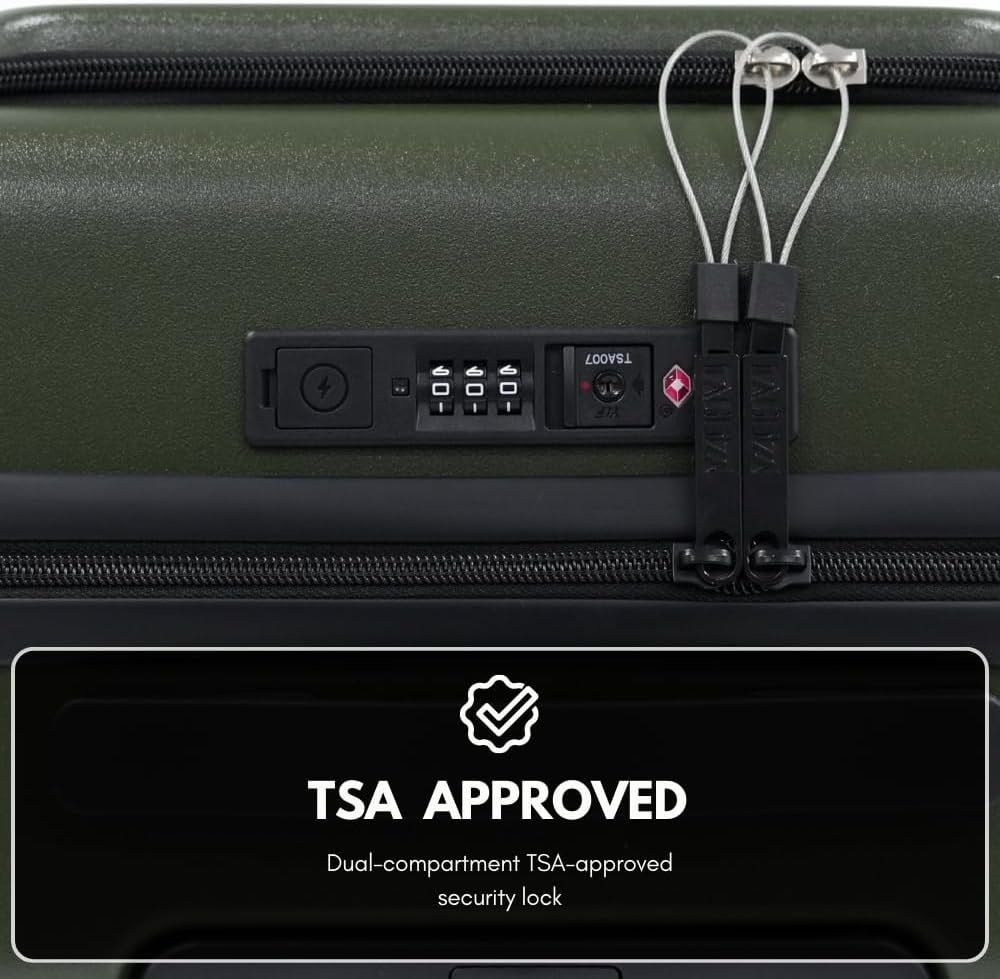Fagoza Hardside Carry On Luggage 22x14x9 Airline Approved - Premium Hardshell Suitcase with Spinner Wheels, Front Pocket Laptop Compartment, USB Port, Cup Holder & TSA Lock - Green