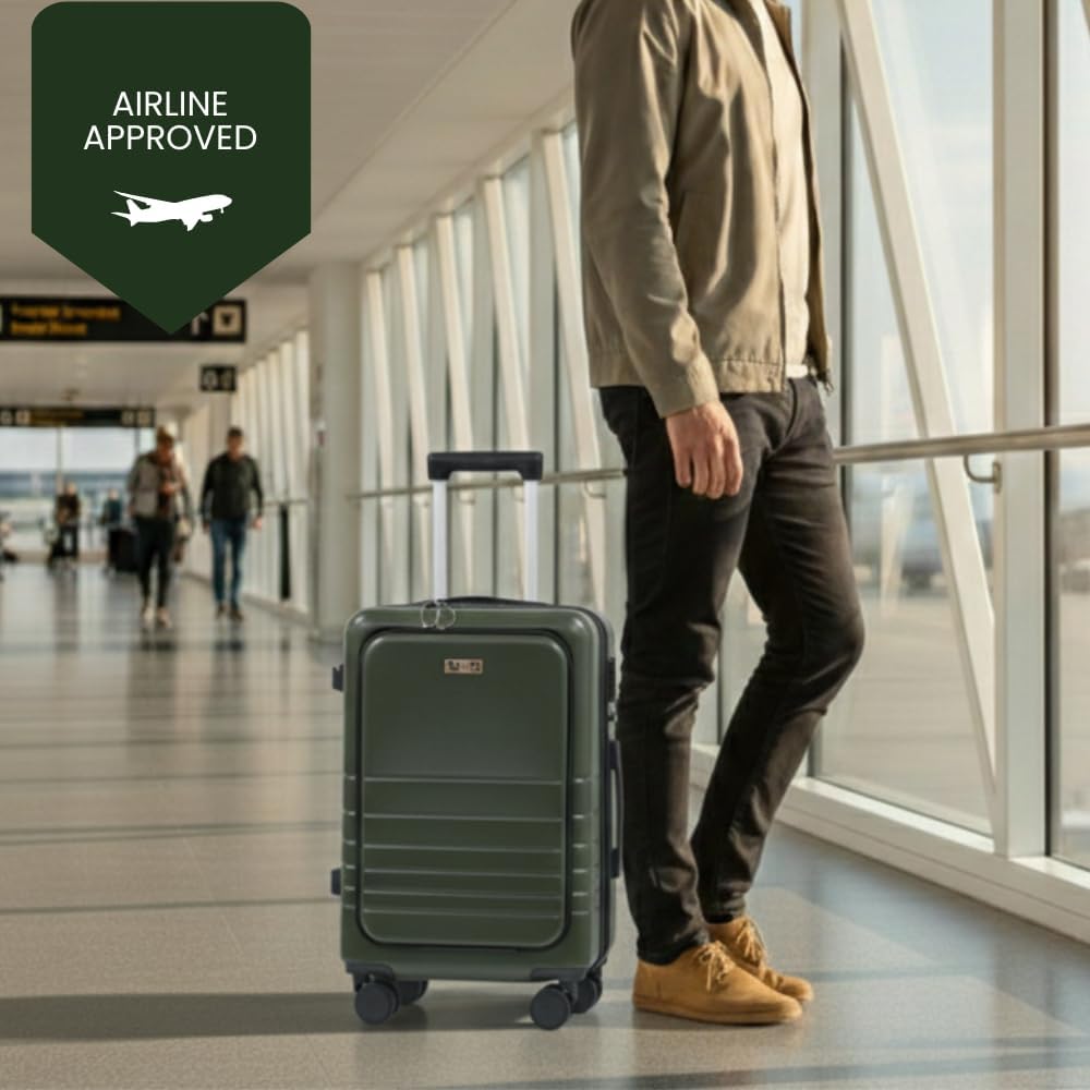 Fagoza Hardside Carry On Luggage 22x14x9 Airline Approved - Premium Hardshell Suitcase with Spinner Wheels, Front Pocket Laptop Compartment, USB Port, Cup Holder & TSA Lock - Green