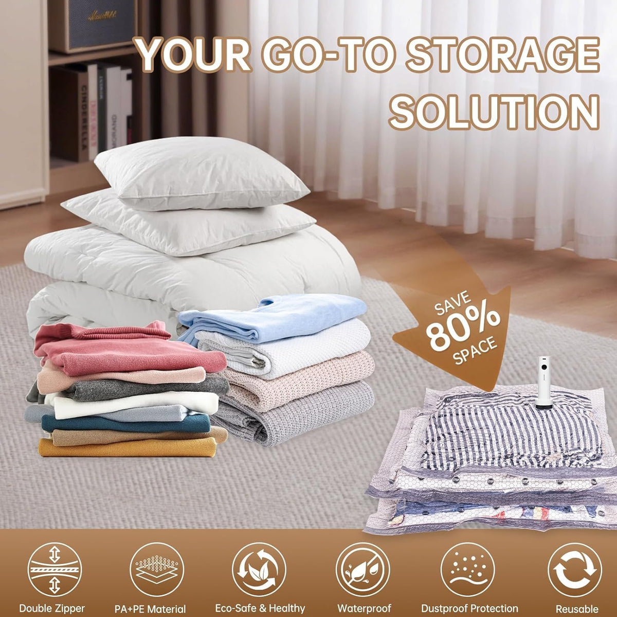 Travel Vacuum Bags for Clothing with Rechargeable Electric Pump - Portable Space Saver Bags for Travel & Home - Vacuum Compression Packing Seal for Clothes, Blankets, Seasonal Storage 12 Combo Set