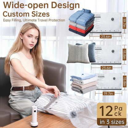 Travel Vacuum Bags for Clothing with Rechargeable Electric Pump - Portable Space Saver Bags for Travel & Home - Vacuum Compression Packing Seal for Clothes, Blankets, Seasonal Storage 12 Combo Set
