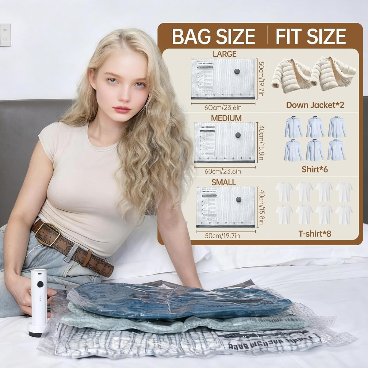 Travel Vacuum Bags for Clothing with Rechargeable Electric Pump - Portable Space Saver Bags for Travel & Home - Vacuum Compression Packing Seal for Clothes, Blankets, Seasonal Storage 12 Combo Set
