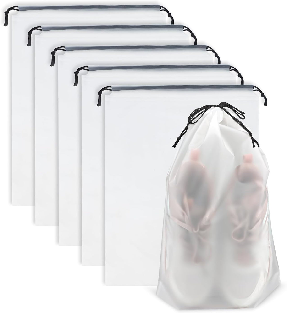Clear Travel Shoe Bags 5-Pack (15.7x11.8 Inches) – Waterproof Drawstring Shoe Organizers for Packing, Essential Travel Gear for Men & Women