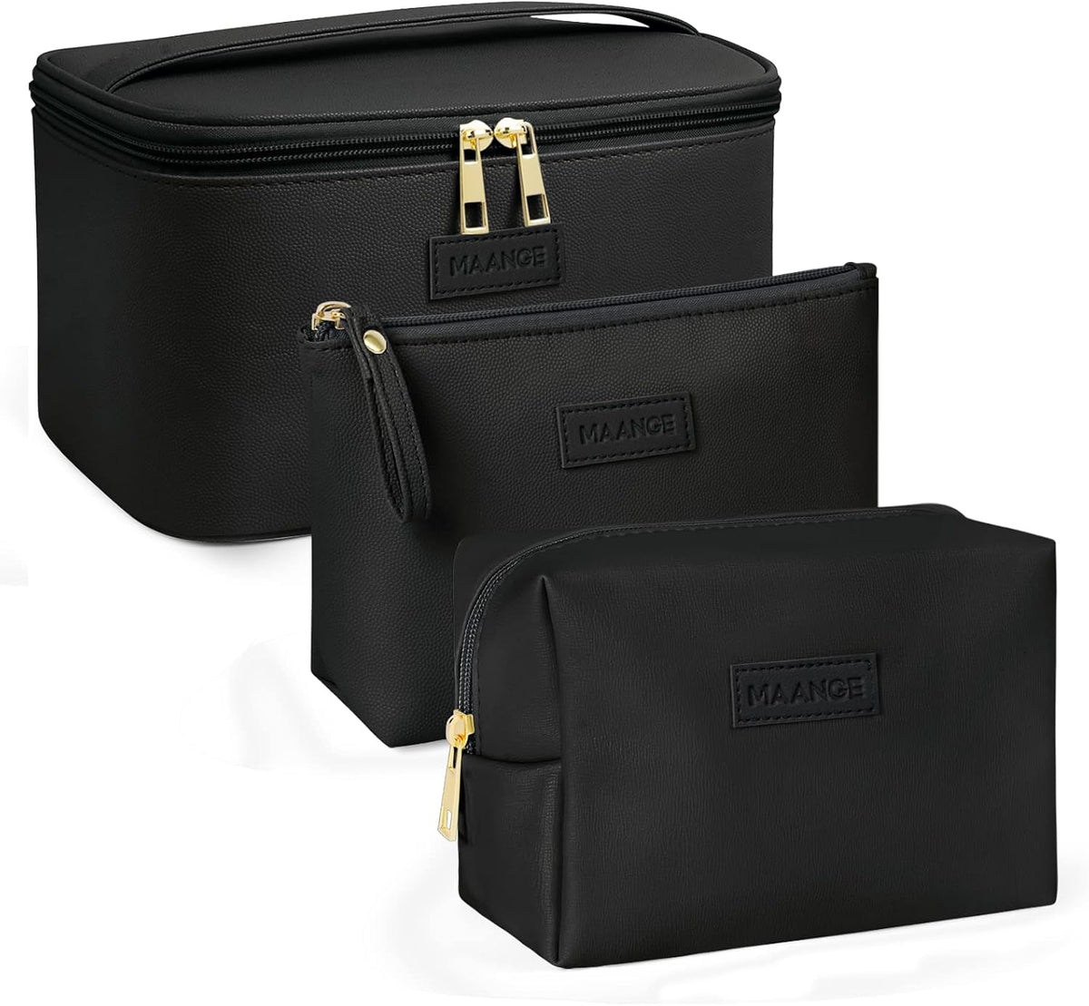 Makeup Bag - Large Cosmetic Bag with 2pcs Small Makeup Bags Portable Leather Travel Makeup Bag Set Toiletry Bag Make Up Bags for Women and Girls (Black)