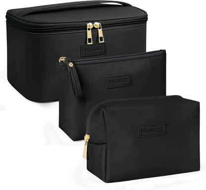 Makeup Bag - Large Cosmetic Bag with 2pcs Small Makeup Bags Portable Leather Travel Makeup Bag Set Toiletry Bag Make Up Bags for Women and Girls (Black)