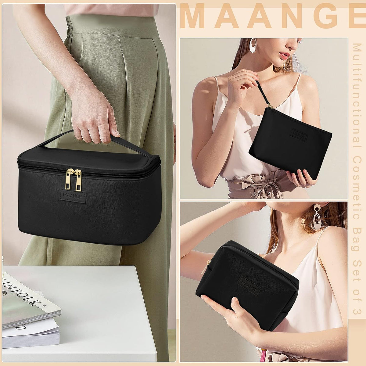 Makeup Bag - Large Cosmetic Bag with 2pcs Small Makeup Bags Portable Leather Travel Makeup Bag Set Toiletry Bag Make Up Bags for Women and Girls (Black)
