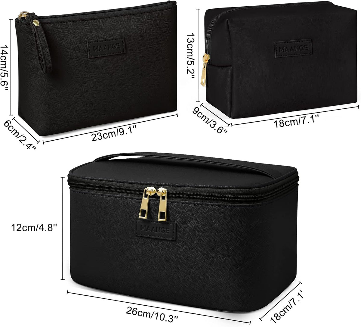 Makeup Bag - Large Cosmetic Bag with 2pcs Small Makeup Bags Portable Leather Travel Makeup Bag Set Toiletry Bag Make Up Bags for Women and Girls (Black)