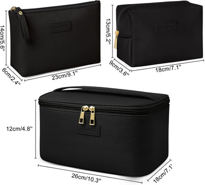 Makeup Bag - Large Cosmetic Bag with 2pcs Small Makeup Bags Portable Leather Travel Makeup Bag Set Toiletry Bag Make Up Bags for Women and Girls (Black)