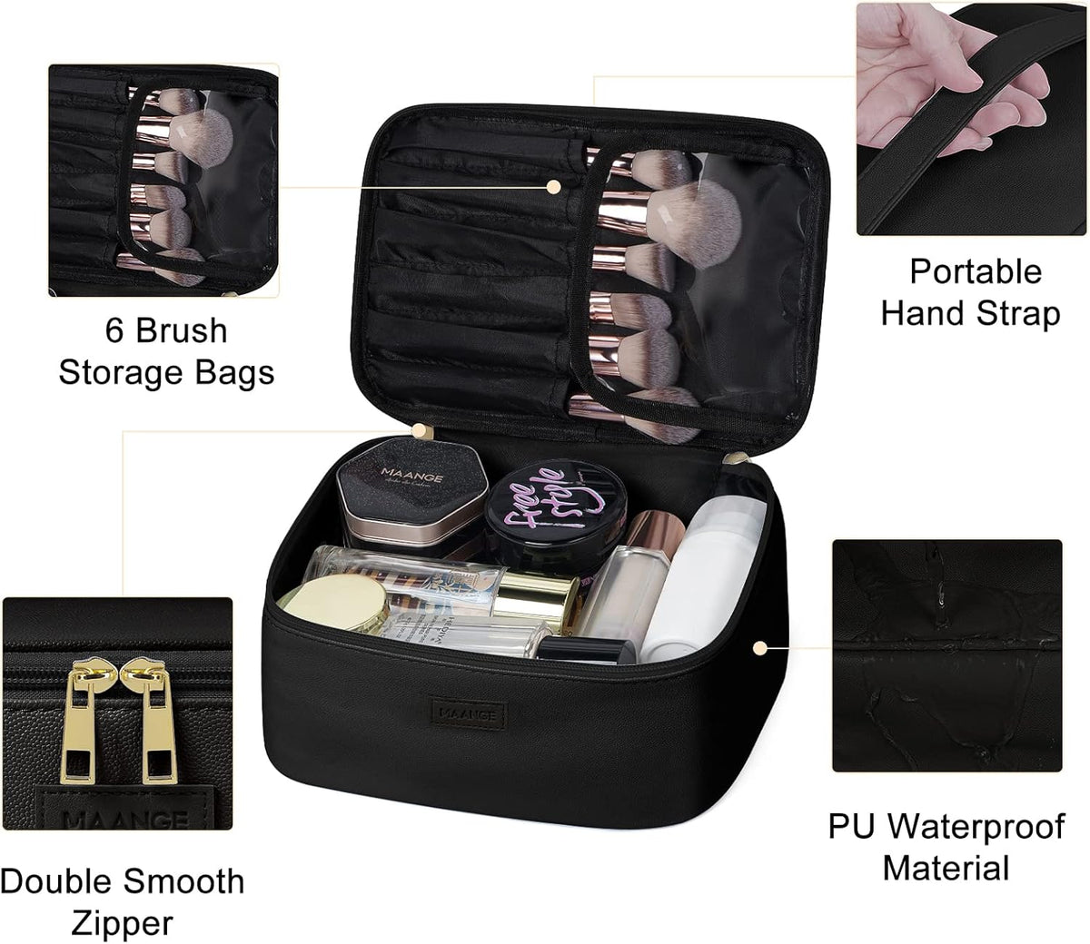 Makeup Bag - Large Cosmetic Bag with 2pcs Small Makeup Bags Portable Leather Travel Makeup Bag Set Toiletry Bag Make Up Bags for Women and Girls (Black)
