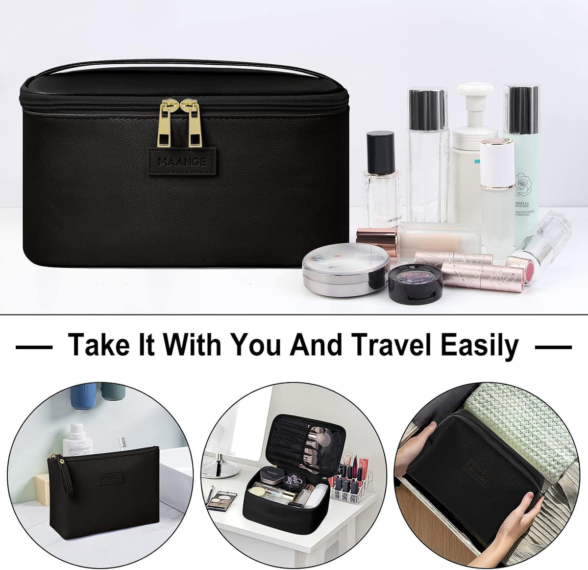 Makeup Bag - Large Cosmetic Bag with 2pcs Small Makeup Bags Portable Leather Travel Makeup Bag Set Toiletry Bag Make Up Bags for Women and Girls (Black)