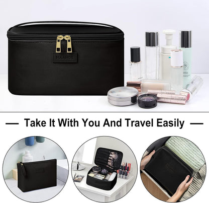 Makeup Bag - Large Cosmetic Bag with 2pcs Small Makeup Bags Portable Leather Travel Makeup Bag Set Toiletry Bag Make Up Bags for Women and Girls (Black)