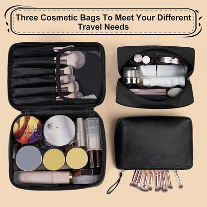 Makeup Bag - Large Cosmetic Bag with 2pcs Small Makeup Bags Portable Leather Travel Makeup Bag Set Toiletry Bag Make Up Bags for Women and Girls (Black)
